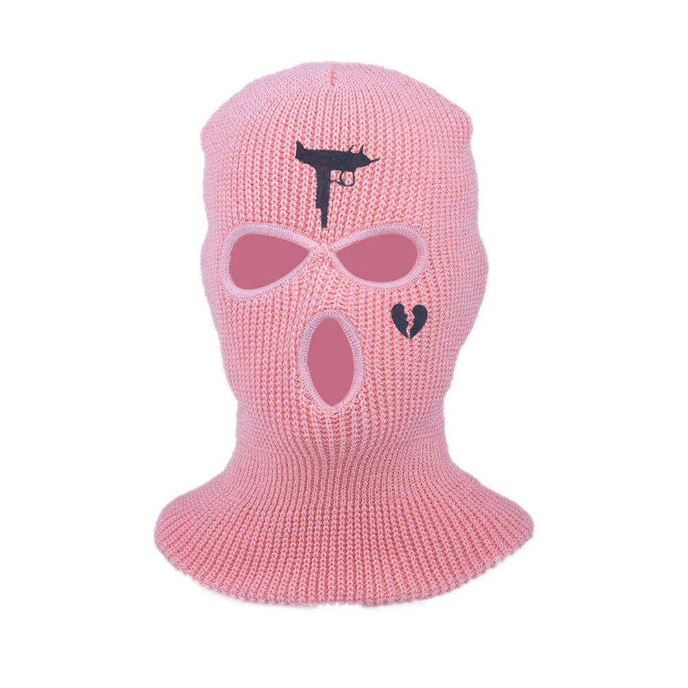 3Holes Winter Warm Unisex Balaclava Mask Hat Embroidery Full Face Mask Knitted Cycling Ski Snowboard Hat Cap Hip Hop Beanie Gift