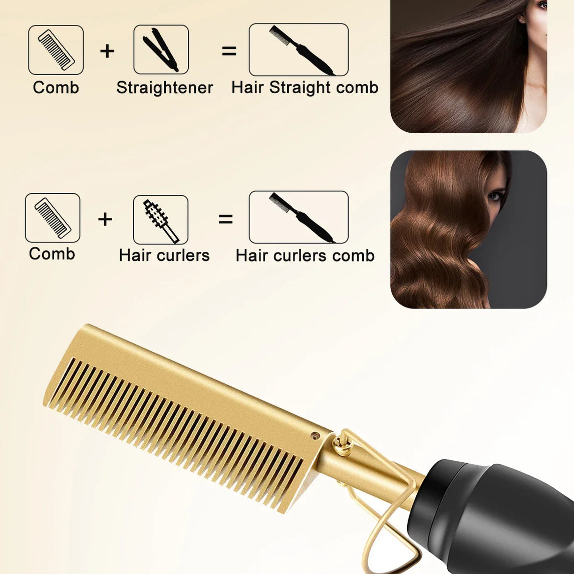 2 in1 Hot Comb Hair Straightener Electric Heating Comb Fast Heating Portable Travel Anti-Scald Beard Straightener Press Hot Comb