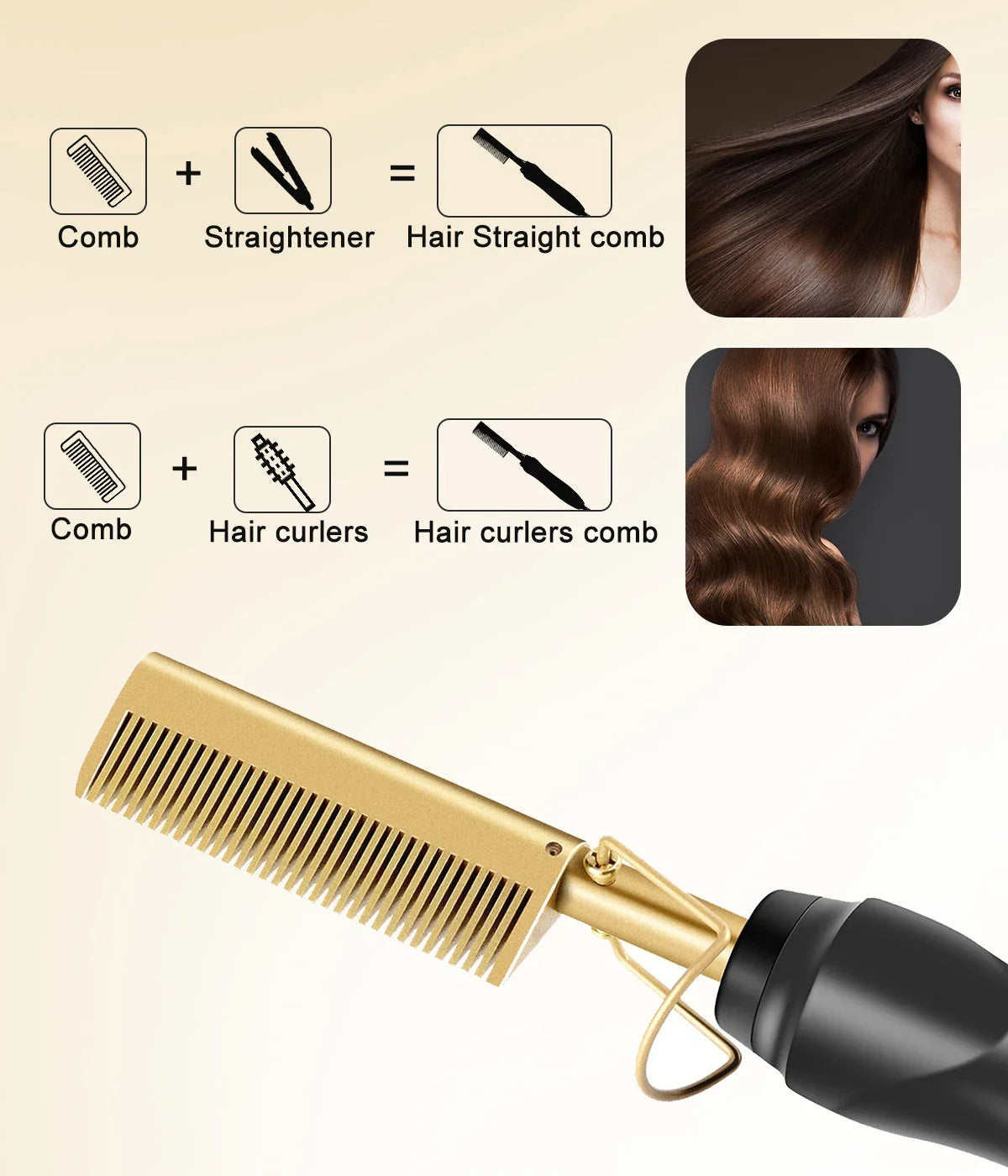 2 in1 Hot Comb Hair Straightener Electric Heating Comb Fast Heating Portable Travel Anti-Scald Beard Straightener Press Hot Comb
