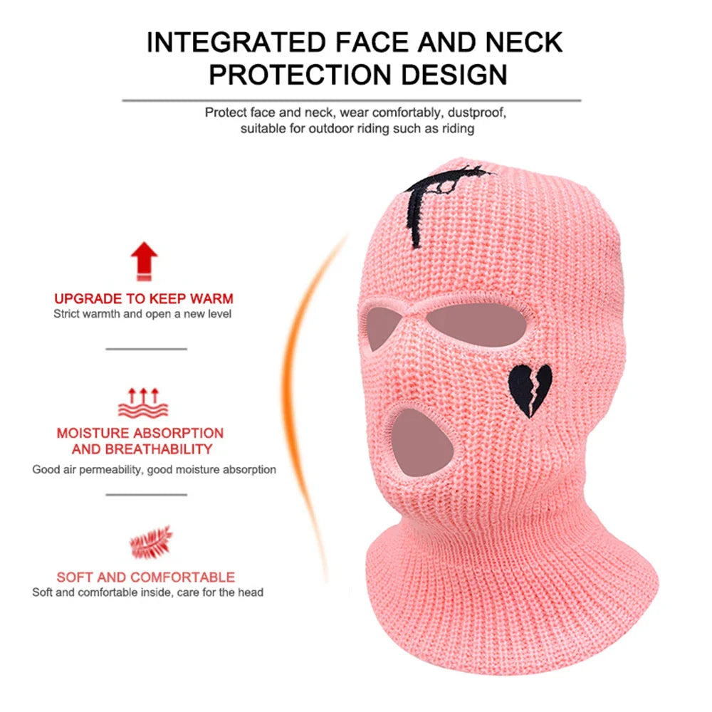 3Holes Winter Warm Unisex Balaclava Mask Hat Embroidery Full Face Mask Knitted Cycling Ski Snowboard Hat Cap Hip Hop Beanie Gift