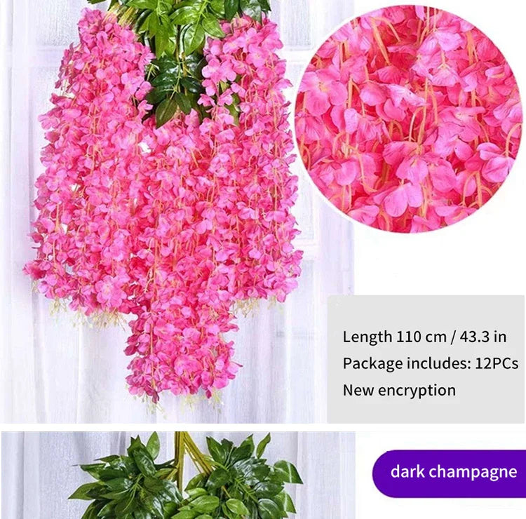 Artificial Wisteria Flower Rattan Wreath, Wedding Arch, Home Garden, Office Decoration, Pendant Plant, Wall Decoration, 12Pcs