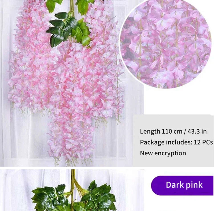 Artificial Wisteria Flower Rattan Wreath, Wedding Arch, Home Garden, Office Decoration, Pendant Plant, Wall Decoration, 12Pcs