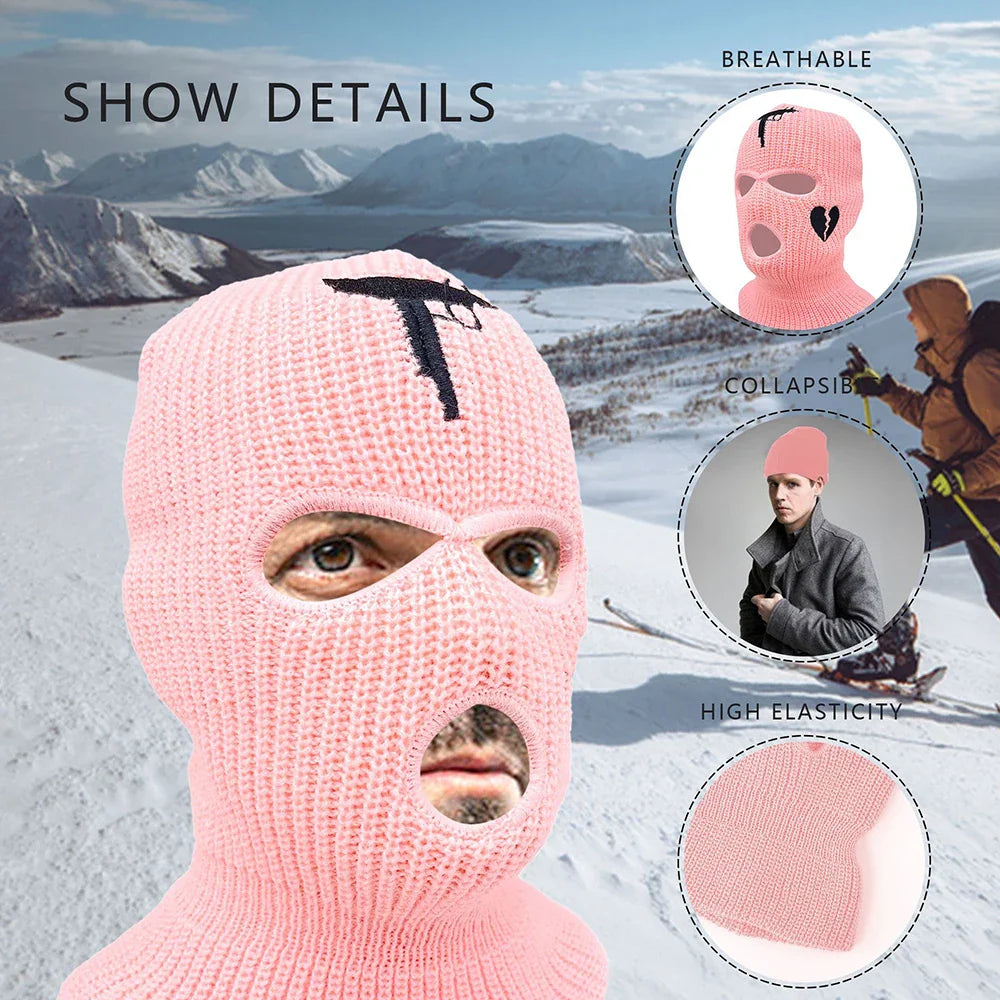 3Holes Winter Warm Unisex Balaclava Mask Hat Embroidery Full Face Mask Knitted Cycling Ski Snowboard Hat Cap Hip Hop Beanie Gift