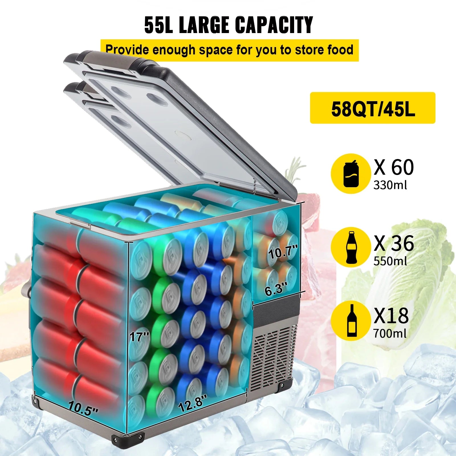 VEVOR 20L 22L 35L 45L 55L Car Refrigerator Mini Fridge Freezer Portable Compressor Cooler 12/24V DC 110-240V Ice Box for Camping