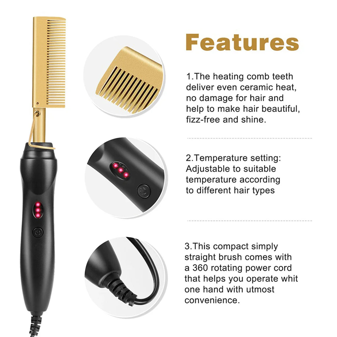 2 in1 Hot Comb Hair Straightener Electric Heating Comb Fast Heating Portable Travel Anti-Scald Beard Straightener Press Hot Comb