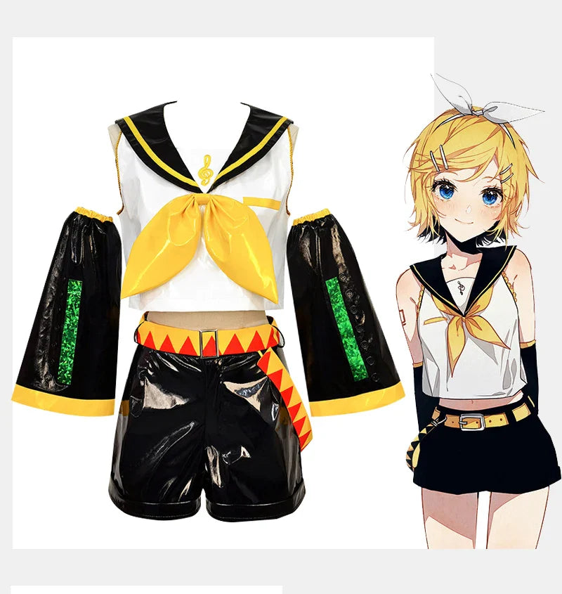 UWOWO Kagaminee Rin/Len Cosplay with Ears Collab Series: Kagaminee Rin Len Cosplay Top Shorts Costumes Cosplay Outfit