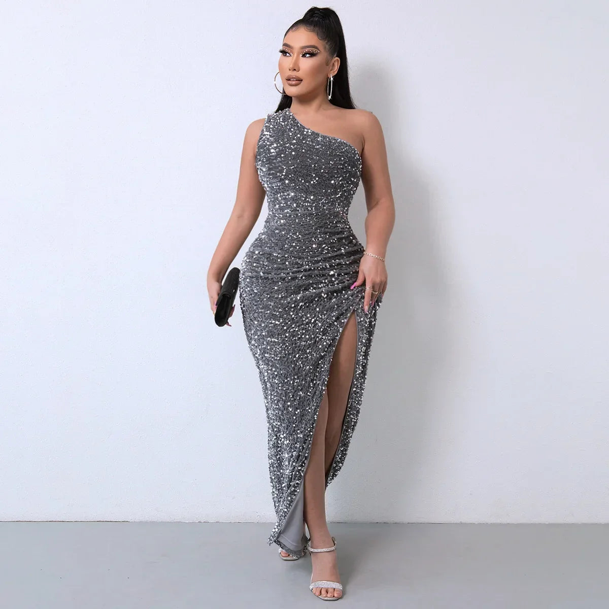 2023 Amazon Independent Station Fashionable Sleeveless Sequins Flannelette Single Shoulder Side Slit Evening Dress