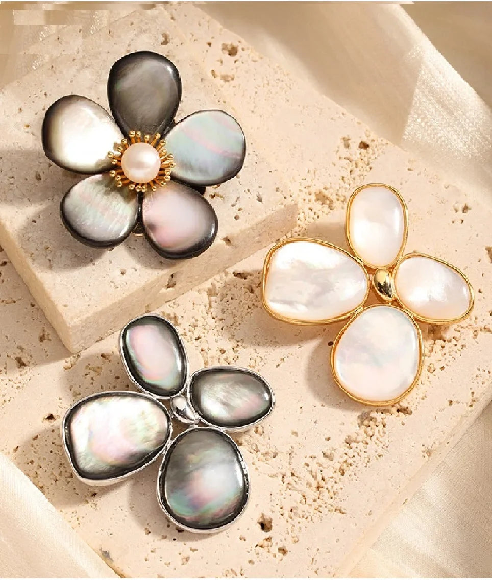 Luxury Pearl Shell Earring Ring Brooch Jewelry Set, Natural Stone Ring & Flower Earring,Women's Elegant Clothing Decoration Gift