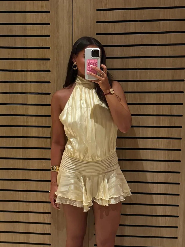 Summer Solid Scarf Collar Mini Dress Women's Elegant Sleeveless Ruffle Hem A-line Vestidos 2025 Female Chic Evening Party Gowns