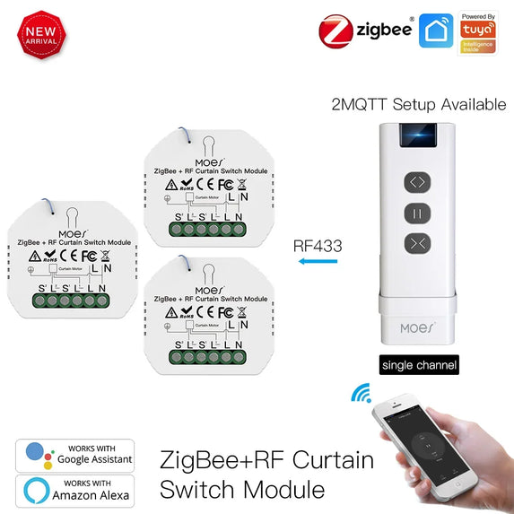 MoesHouse DIY ZigBee Smart RF433 Curtain Switch Module  for Motorized Roller Blinds Motor 2MQTT Smart Life APP Alexa Google Home