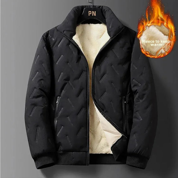 Men's Cotton Jacket Lamb Velvet Winter Loose Outerwear Fleece Lined Thick Warm Windproof Stand Collar Casual Jacket