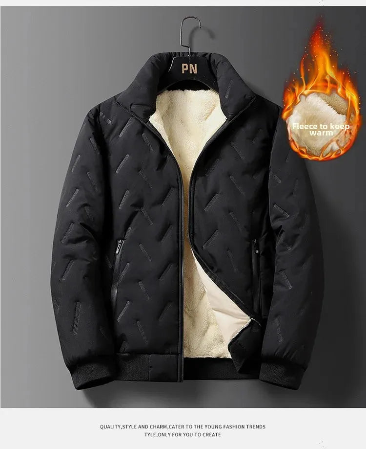 Men's Cotton Jacket Lamb Velvet Winter Loose Outerwear Fleece Lined Thick Warm Windproof Stand Collar Casual Jacket