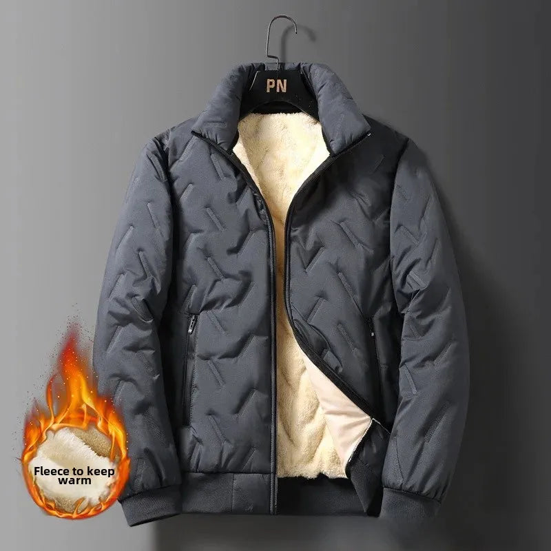 Men's Cotton Jacket Lamb Velvet Winter Loose Outerwear Fleece Lined Thick Warm Windproof Stand Collar Casual Jacket