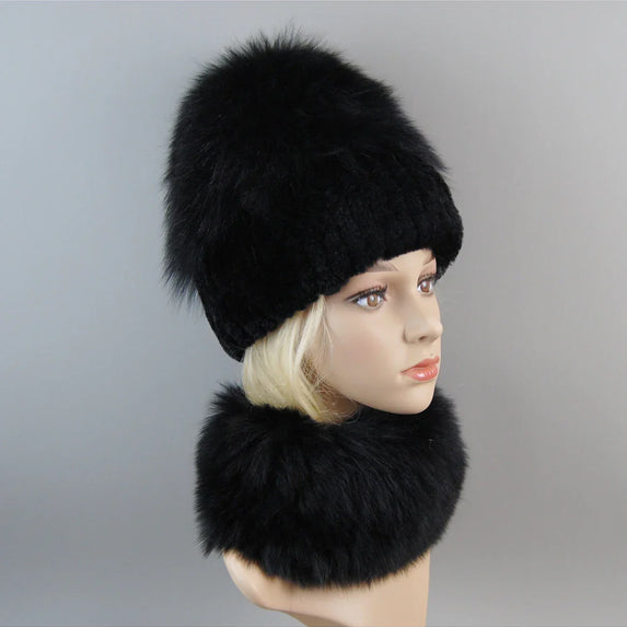 Luxury Women Winter Luxury Real Rex Rabbit Fur Hat Scarf 2 Pieces Knitted Rex Rabbit Fur Hat Top Natural Fox Fur Cap Scarves Set