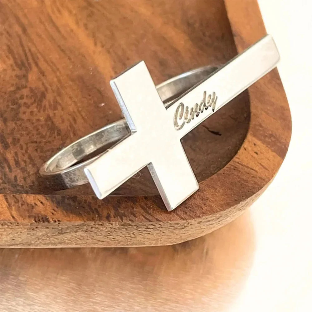 Custom Cross Ring Engraving Name Ring Men Stainless Steel Two Fingers Ring Knuckle Jewelry Women Personalized Gift for Boyfriend