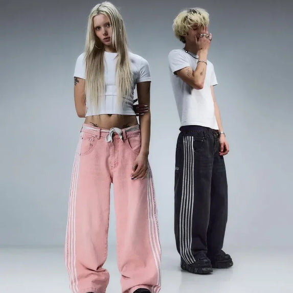 Y2K Baggy Jeans Harajuku vintage Striped Embroidered high quality Sweatpants men women Hip Hop Casual wide leg jeans streetwear