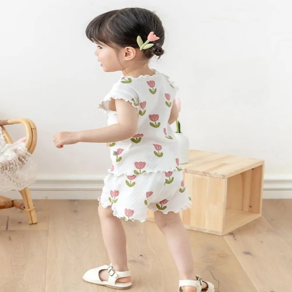 Bear Leader Summer New Pajama Baby Girl Clothes 3-7 Years Old Flower Printed Short Sleeved Top + Shorts Cute Children's Set