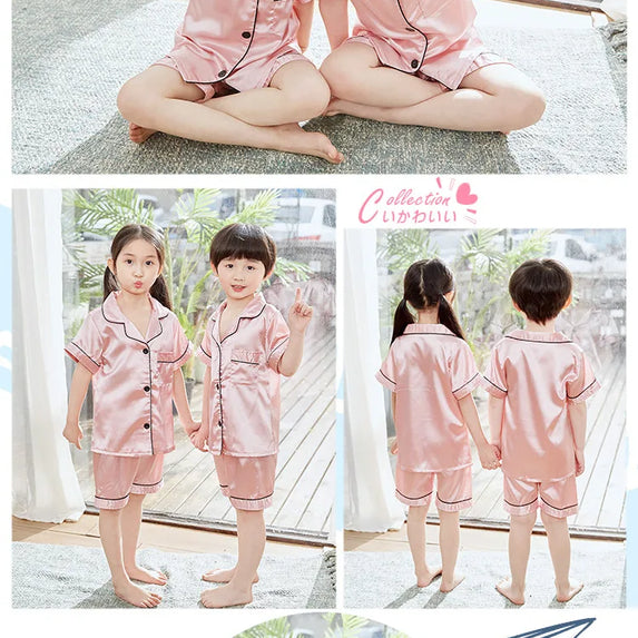 Summer Short Sleeve Satin Pajamas Silk Fabric Girls Sleepwear Boys Nightwear Solid Children's Pajama Sets Pyjamas Boy Baby Wear