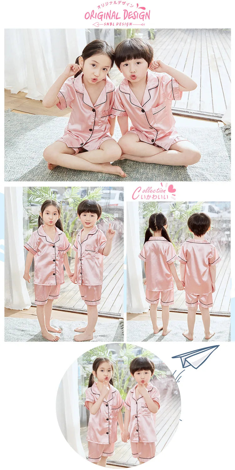 Summer Short Sleeve Satin Pajamas Silk Fabric Girls Sleepwear Boys Nightwear Solid Children's Pajama Sets Pyjamas Boy Baby Wear