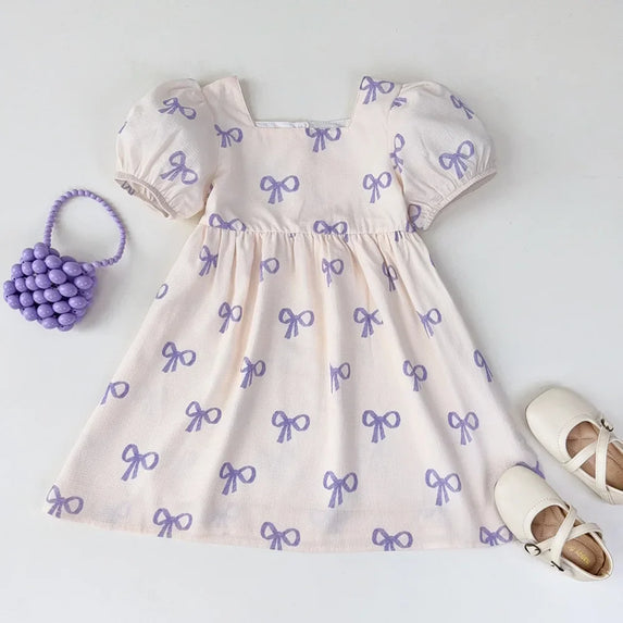 Bear Leader Short Sleeved Girls Clothing Summer New Bow Print Casual Dresses Sweet and Cute Kids Clothes for 3-7 Years Wear