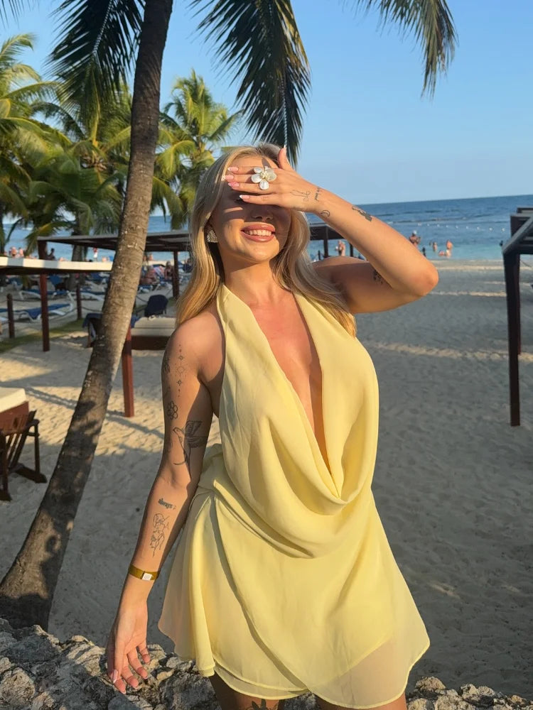 Summer Shiny Skinny Pleated Mini Dress Elegant Solid Lace Up Lantern Sleeve Vacation Vestidos 2025 Lady Evening Party Robes New