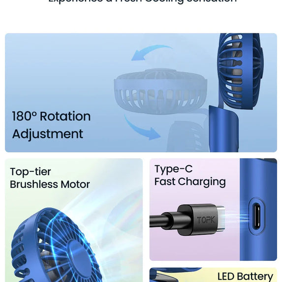 TOPK 5000mAh Mini Portable Fan USB Rechargeable Hand Held Fan,Small Pocket Fan 3 Speeds with Lanyard &Base,USB Desk Fan Foldable