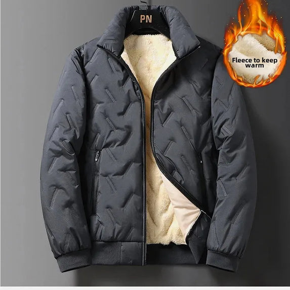 Men's Cotton Jacket Lamb Velvet Winter Loose Outerwear Fleece Lined Thick Warm Windproof Stand Collar Casual Jacket