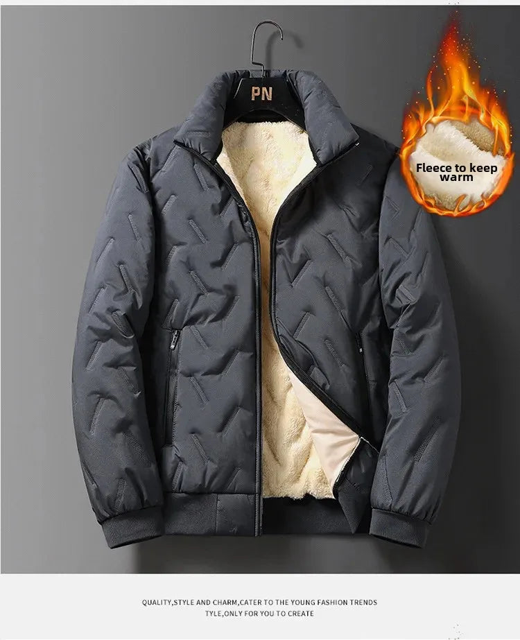 Men's Cotton Jacket Lamb Velvet Winter Loose Outerwear Fleece Lined Thick Warm Windproof Stand Collar Casual Jacket