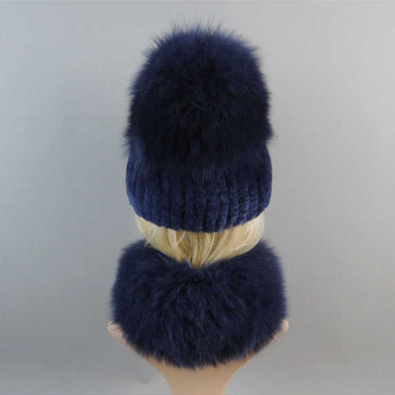 Luxury Women Winter Luxury Real Rex Rabbit Fur Hat Scarf 2 Pieces Knitted Rex Rabbit Fur Hat Top Natural Fox Fur Cap Scarves Set