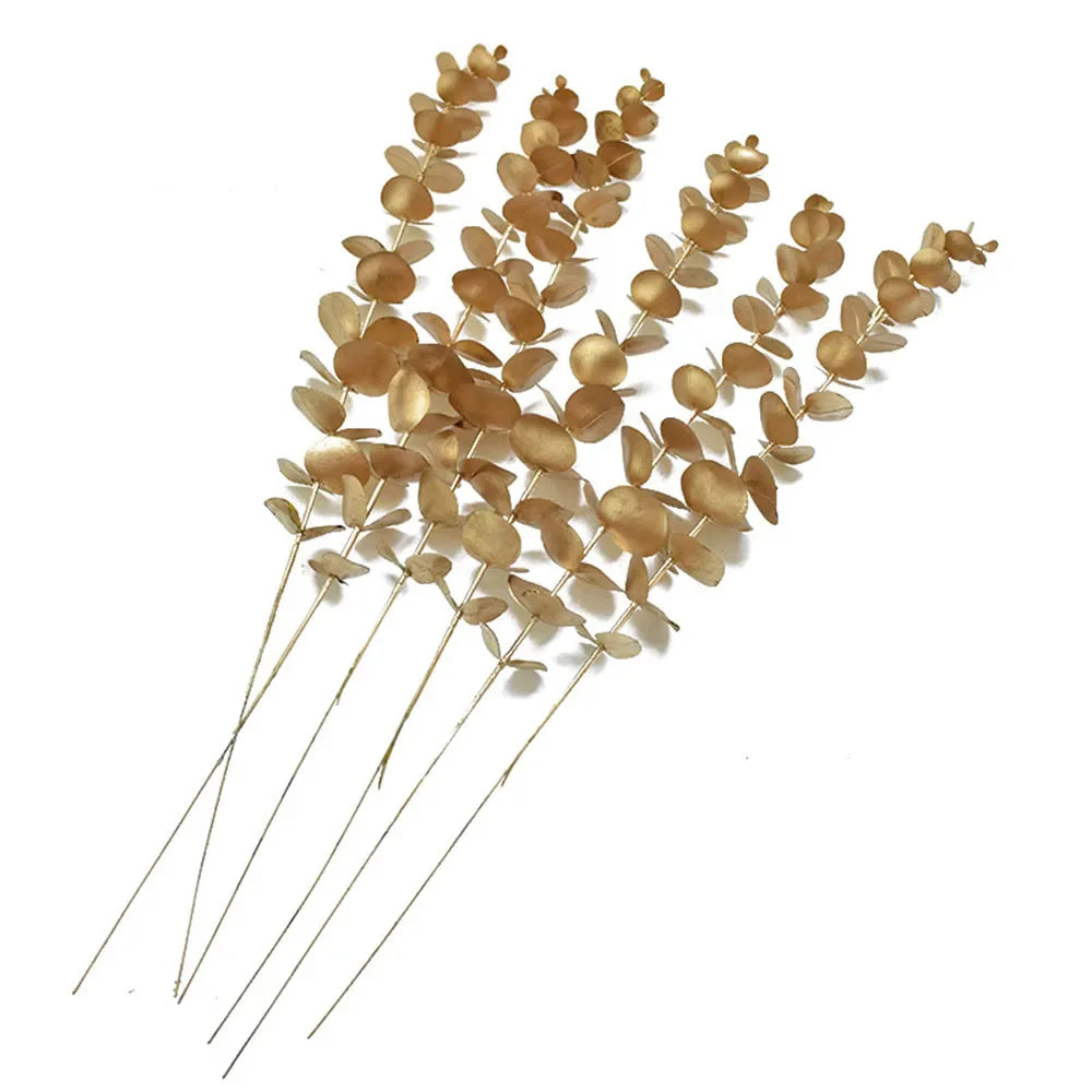 5pcs/Lot Artificial Gold Eucalyptus Branch Stem Artificial Plants for Wedding Flower Arrangement Greenery Home Decoration
