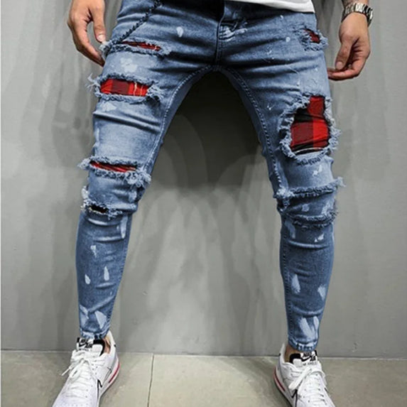 High Quality Fashion Men Painted Stretch Skinny Jeans Slim Fit Ripped Distressed Pleated Knee Patch Casual Men's Brand Clothing