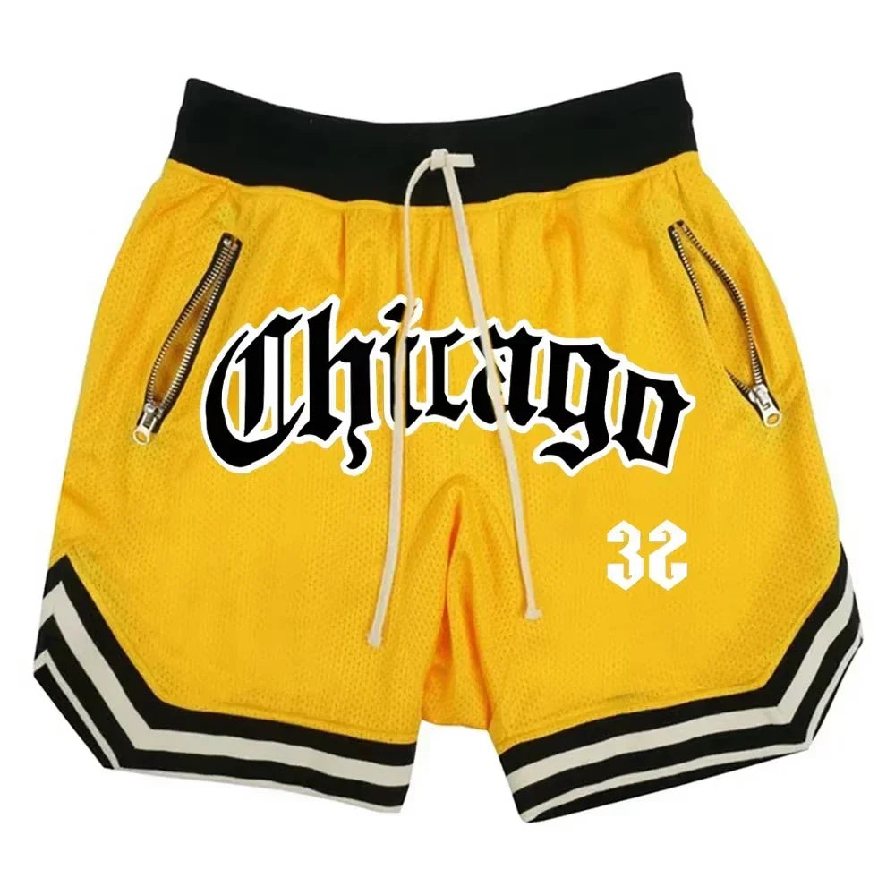 Chicago Basketball Shorts Men's Casual Sports Shorts Breathable Running Training Five Points PantsMesh Fitness Short Trousers