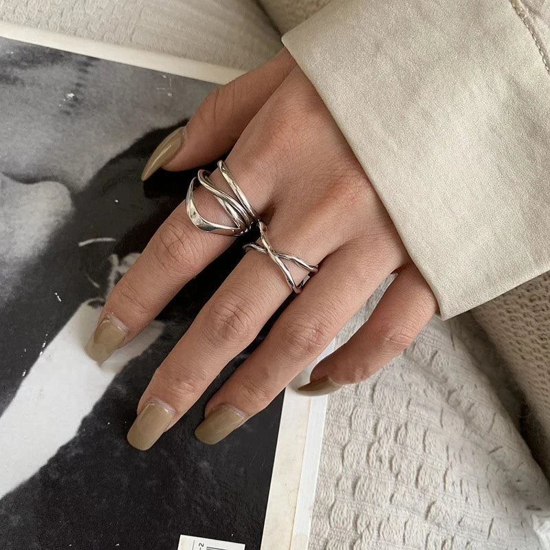 VENTFILLE 925 Sterling Silver Finger Rings New Fashion Creative Cross Hollow Chain Geometric Party Jewelry Gifts