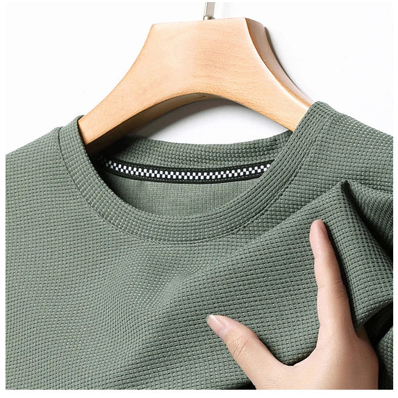 New Summer Waffle Round Neck Short Sleeved T-shirt for Men's Short Sleeved Top