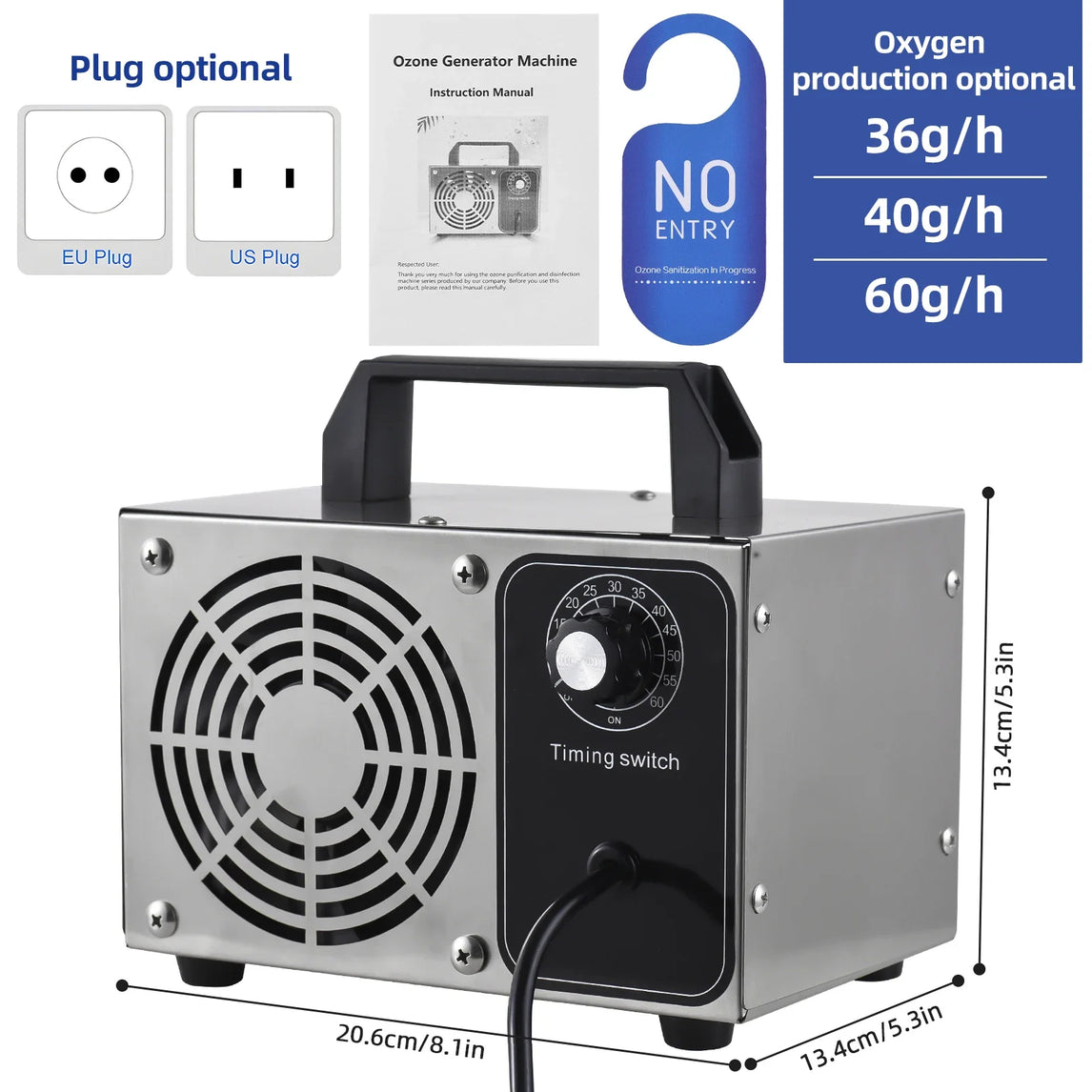 Portable Ozone Generator Stainless Steel Ozone Machine Odor Removal Ionizer Air Purifier Ozone for Home Car Pet 0-60min Timer