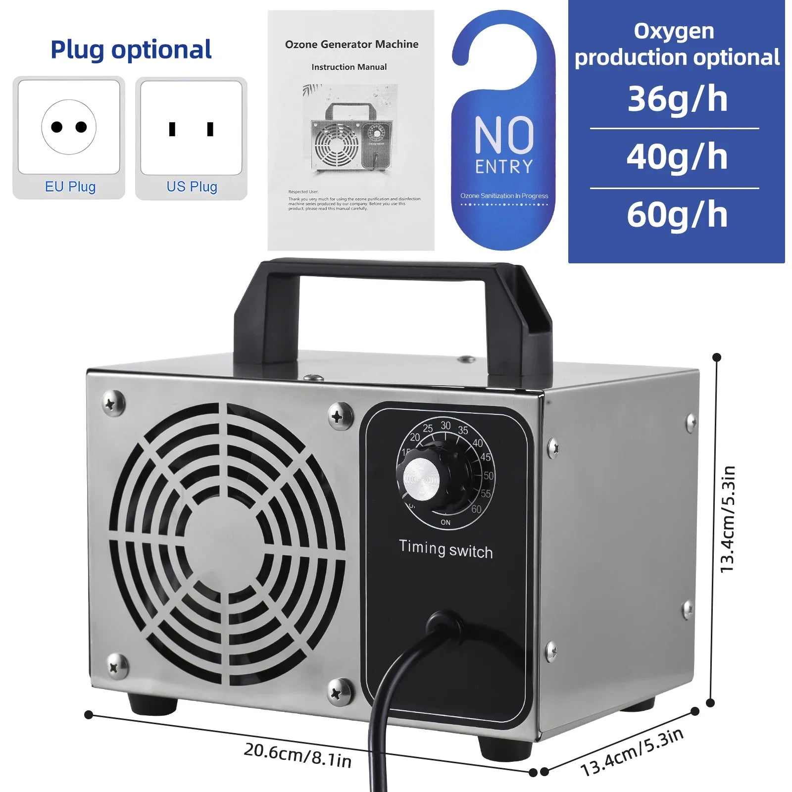 Portable Ozone Generator Stainless Steel Ozone Machine Odor Removal Ionizer Air Purifier Ozone for Home Car Pet 0-60min Timer