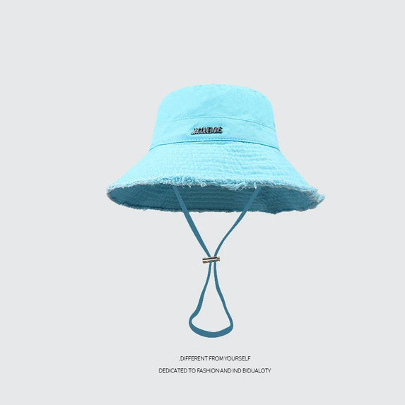 Summer Must Have Washed Cotton Fisherman Hat Wide Brim Raw Hem Drawstring Sun Protection Trendy Vacation Fashion Beach Holiday