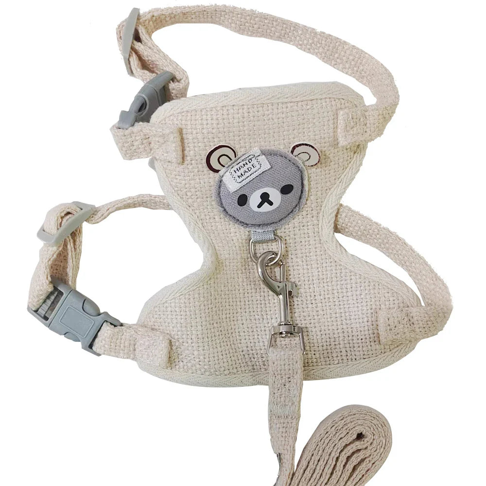 Adjustable Bear Decoration Dog Vest Chest Harness Breathable Pet Cat Harness Leash Set Teddy Small Dog Walking Rope