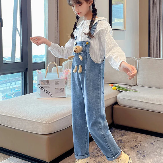 2024 Spring Autumn Children Denim Bib Jumpsuit Pockets with Bear Kids Overalls Jeans for Girls Teenage Girls Suspender Trousers