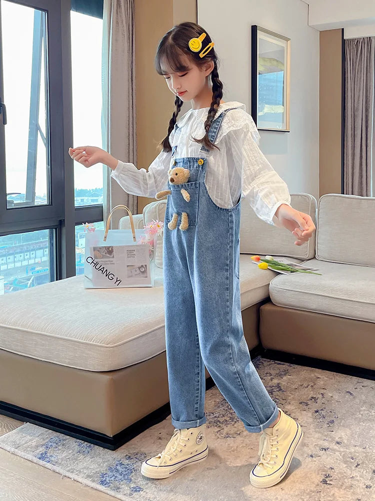 2024 Spring Autumn Children Denim Bib Jumpsuit Pockets with Bear Kids Overalls Jeans for Girls Teenage Girls Suspender Trousers