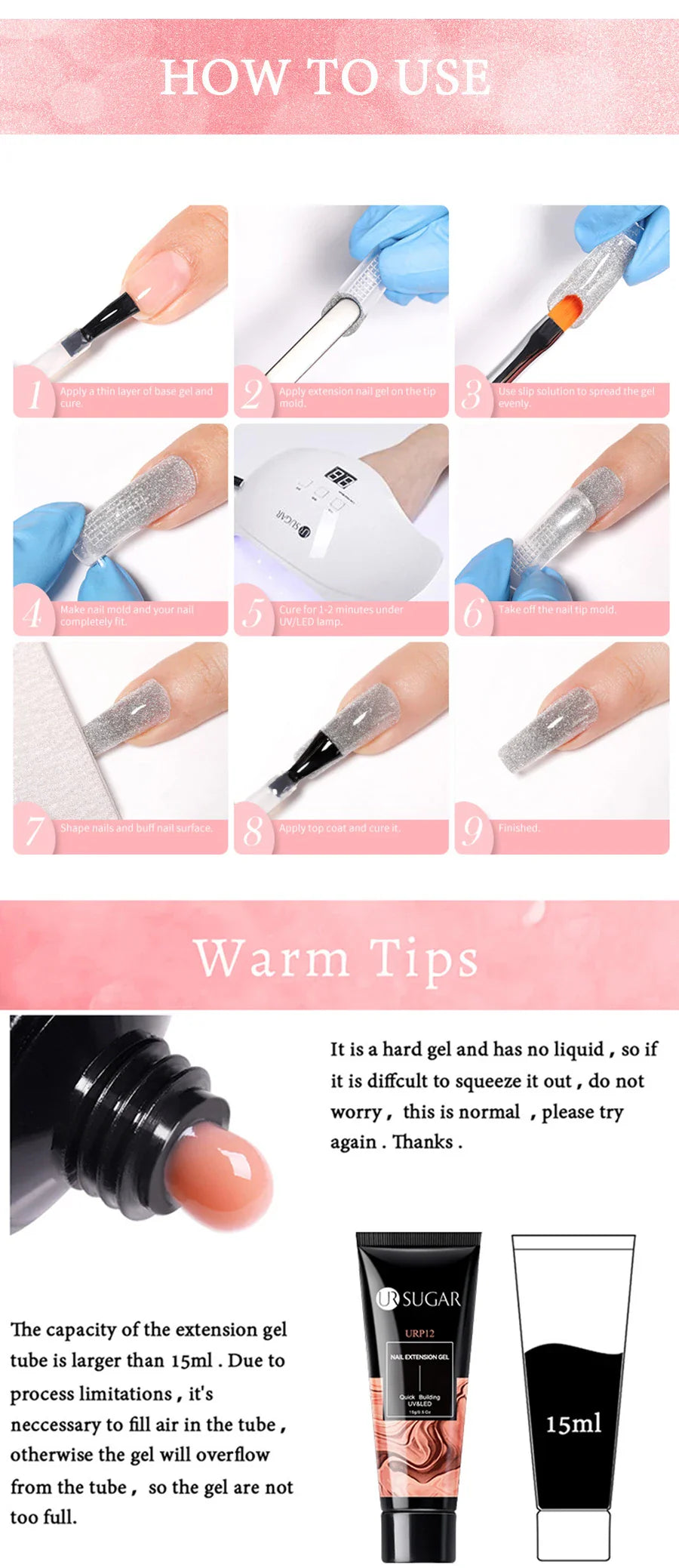UR SUGAR 15ml Nail Extension Gel Soak Off UV LED Acrylic Crystal White Clear Nude Gel Nail Polish UV Construction Gel
