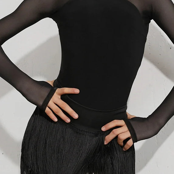 Black Latin Dance Clothing Jumpsuit Girls Long Sleeves Leotard Latin Tops Ballroom Dance Performance Wear Cha Cha Bodysuit Child