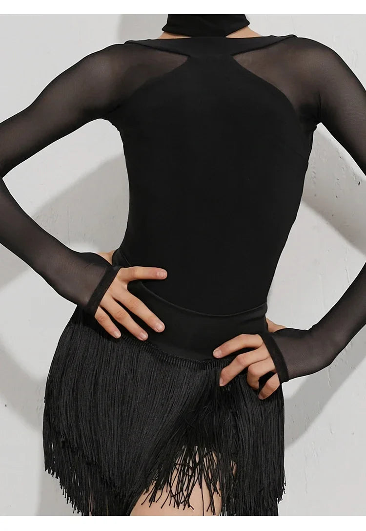 Black Latin Dance Clothing Jumpsuit Girls Long Sleeves Leotard Latin Tops Ballroom Dance Performance Wear Cha Cha Bodysuit Child