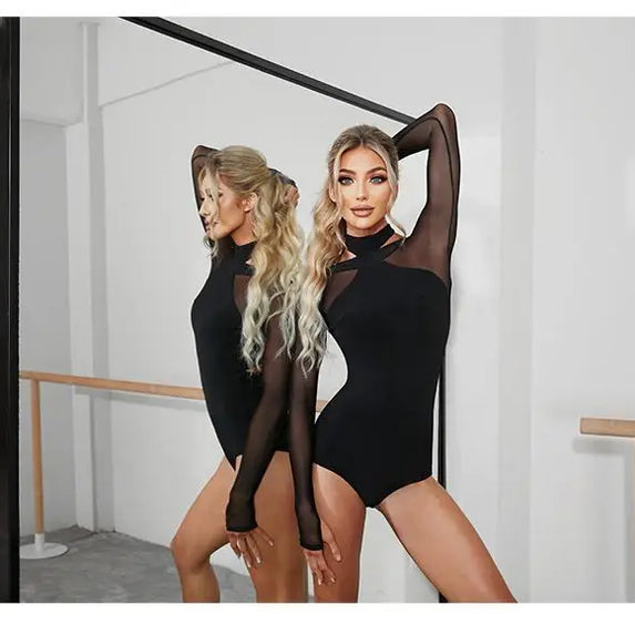 Women Latin Dance Body Top Black Mesh Conjoined Backless Cross Belt Pair It with Dance Dress Lingerie Training Performance