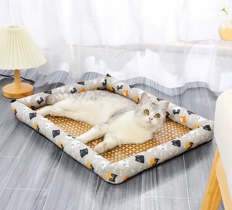Summer Cat Beds Pet Cooling Mat Pad Lightweight Breathable Rattan Pet Bed Cooling Ice Nest for Small Animal Dogs Supplies