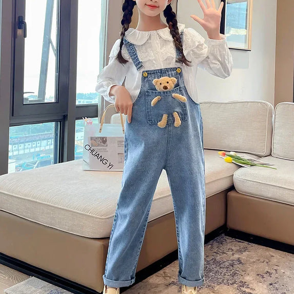 2024 Spring Autumn Children Denim Bib Jumpsuit Pockets with Bear Kids Overalls Jeans for Girls Teenage Girls Suspender Trousers
