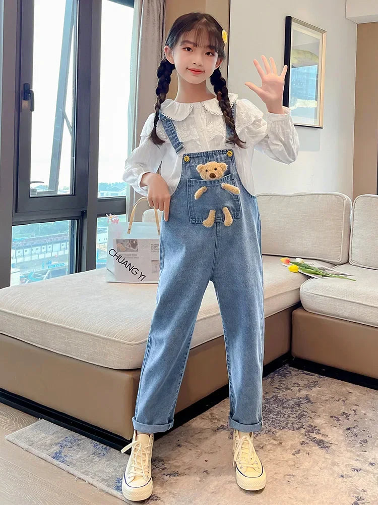 2024 Spring Autumn Children Denim Bib Jumpsuit Pockets with Bear Kids Overalls Jeans for Girls Teenage Girls Suspender Trousers