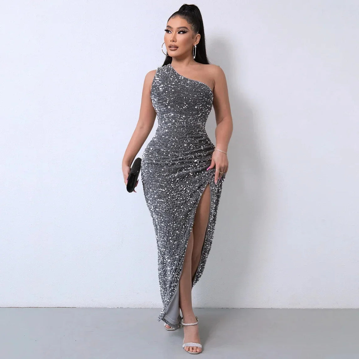 2023 Amazon Independent Station Fashionable Sleeveless Sequins Flannelette Single Shoulder Side Slit Evening Dress