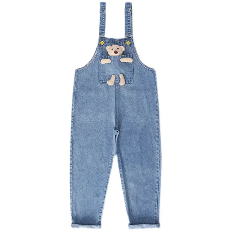 2024 Spring Autumn Children Denim Bib Jumpsuit Pockets with Bear Kids Overalls Jeans for Girls Teenage Girls Suspender Trousers