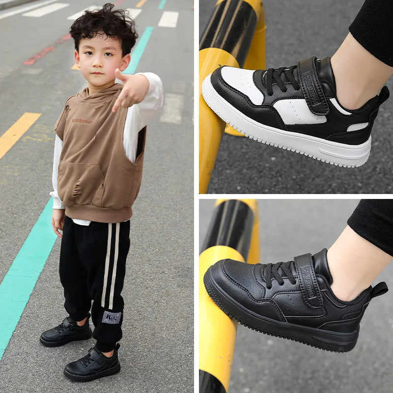 Boys Shoes Sneakers Leather Children Comfortable Flat Shoes Black White Shoes for Kids Girls School Walking Footwear Non Slip